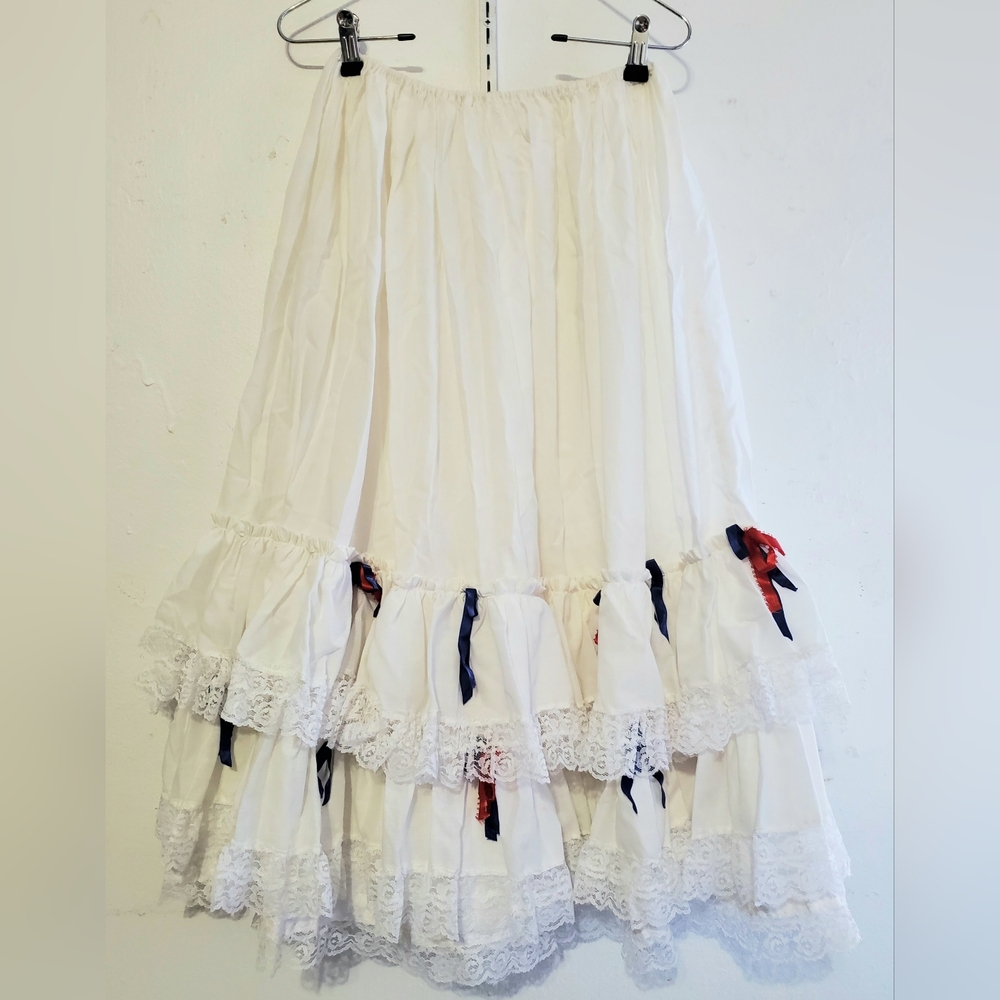 Handmade Women Spanish Latin Skirt Costume White Elastic Waist Accent Ribbons